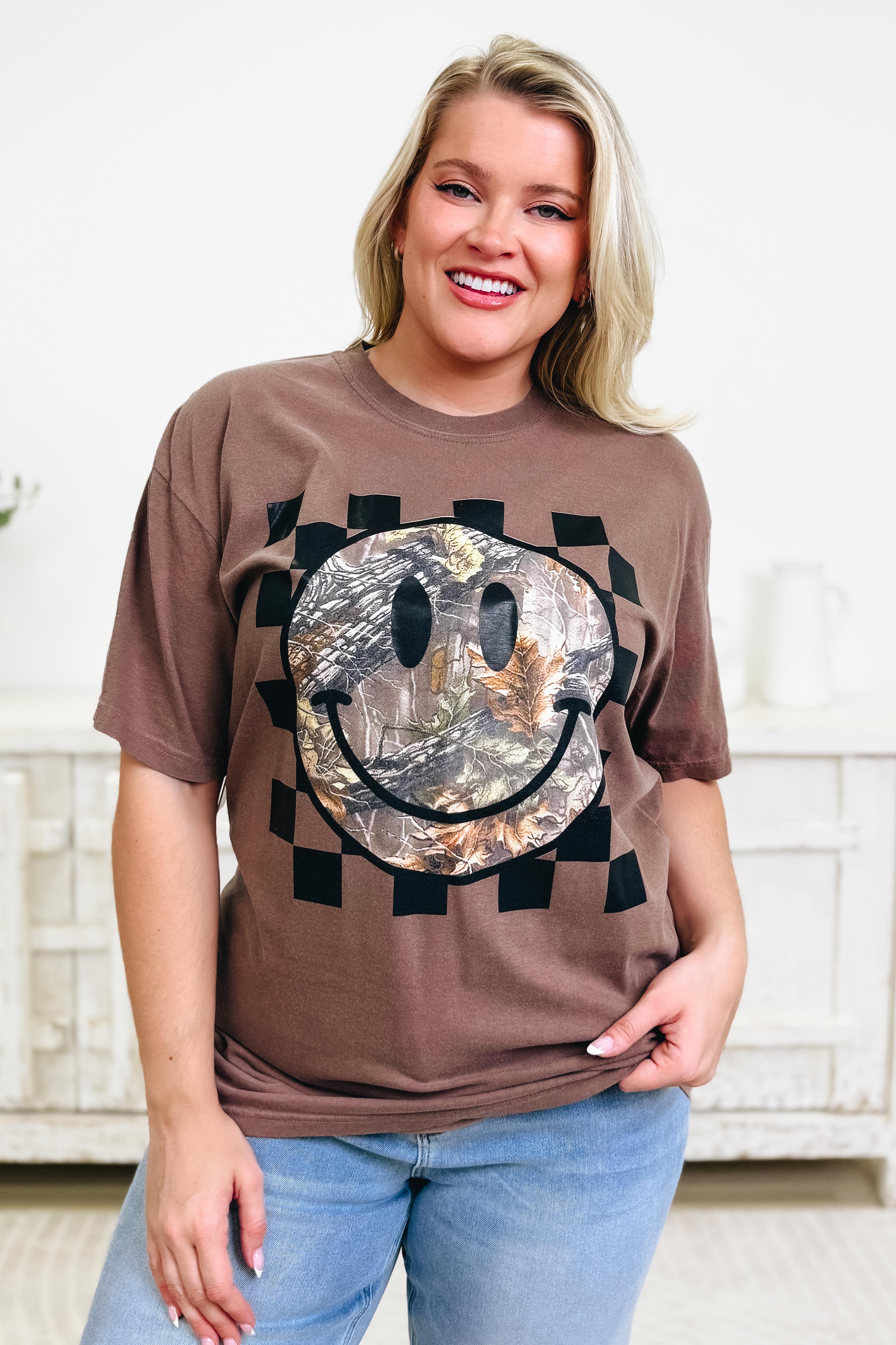 Smiley Camo Checkered Graphic Tee - Image 3