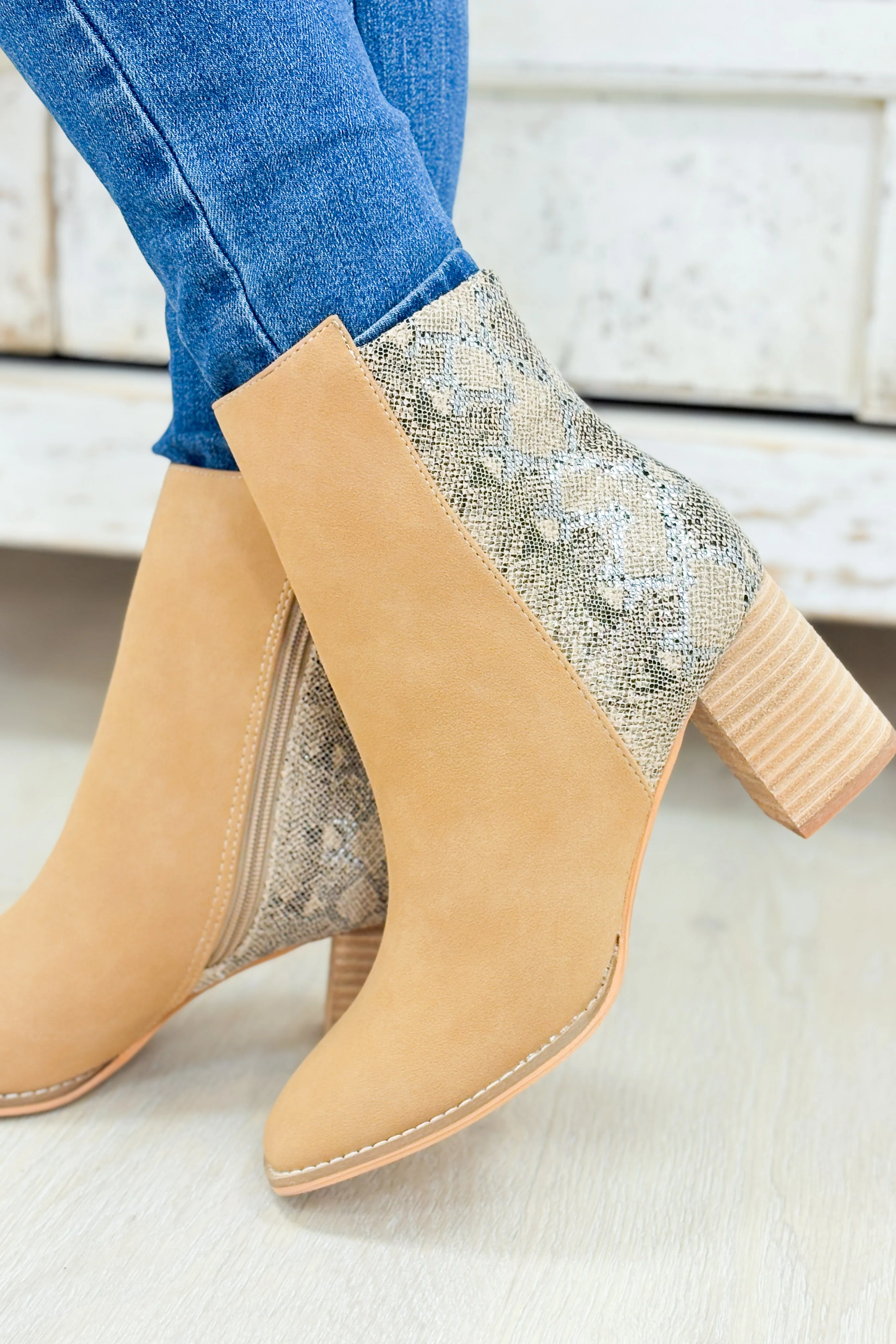 Jennifer Two Tone Semi Square Toe Ankle Boots - Camel Python - Image 2
