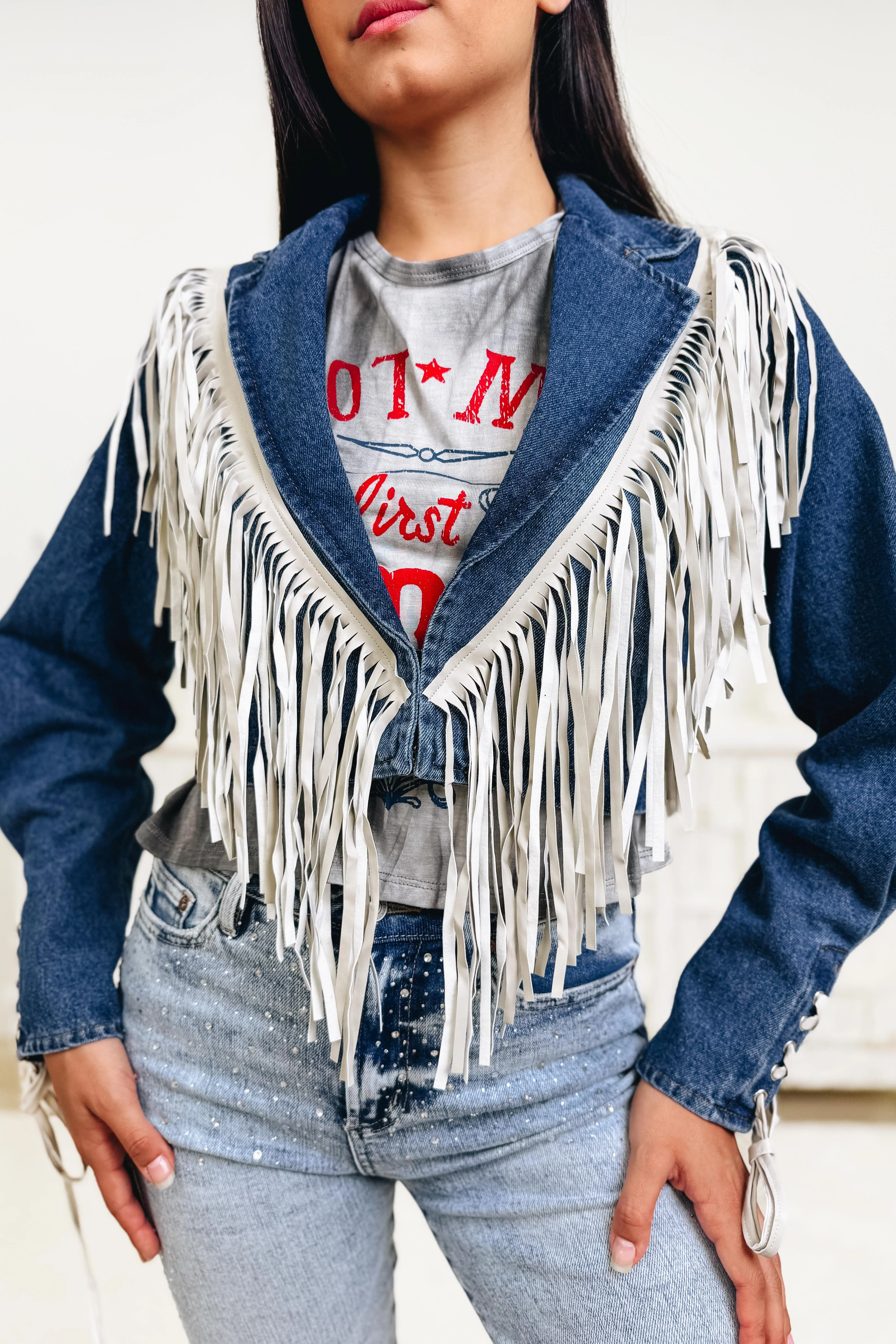 Like It Like That Fringe Denim Jacket - Image 3
