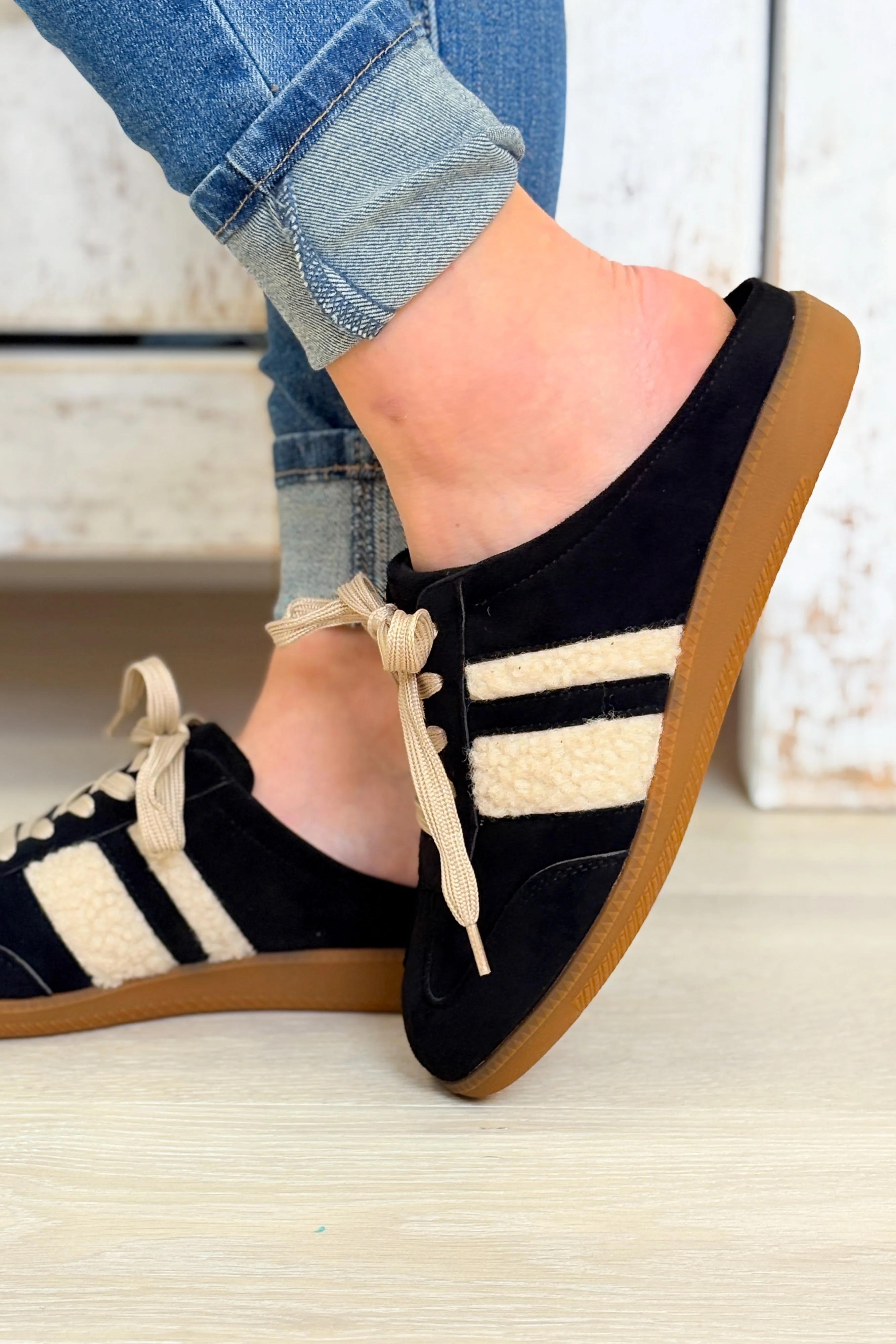 Sandra Fur Stripe Backless Mule Sneakers - Black - Image 2